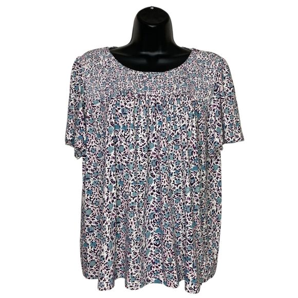 Lucky Brand Top Womens XL Short Sleeve Boho Peasant Floral Smocked Blue Pink - Picture 1 of 9